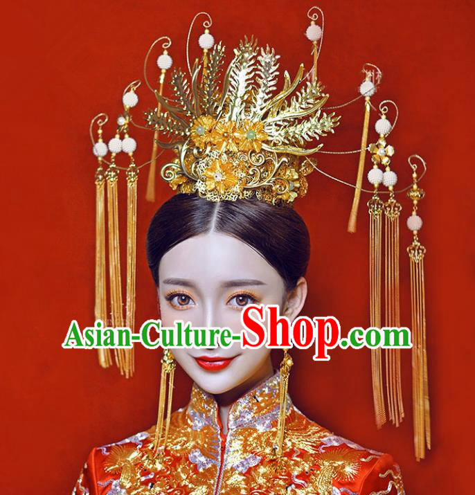 Chinese Traditional Bride Hair Jewelry Accessories Palace Xiuhe Suit Large Phoenix Coronet Wedding Hairpins for Women