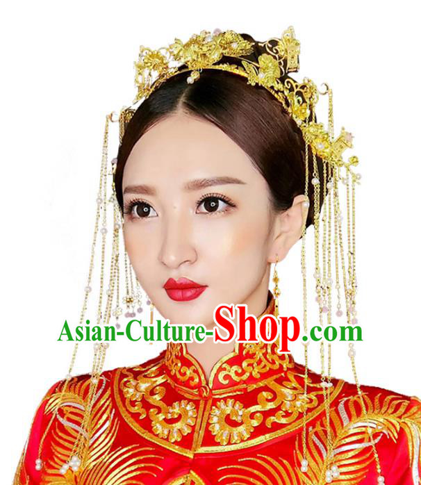 Chinese Traditional Bride Hair Accessories Palace Queen Xiuhe Suit Golden Tassel Phoenix Coronet Wedding Hairpins for Women