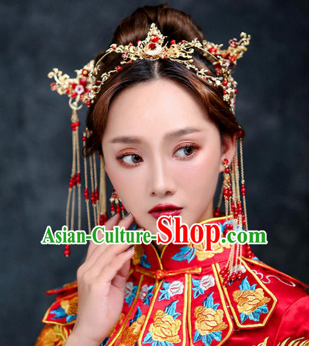 Chinese Traditional Bride Hair Accessories Palace Queen Xiuhe Suit Red Beads Tassel Phoenix Coronet Wedding Hairpins for Women