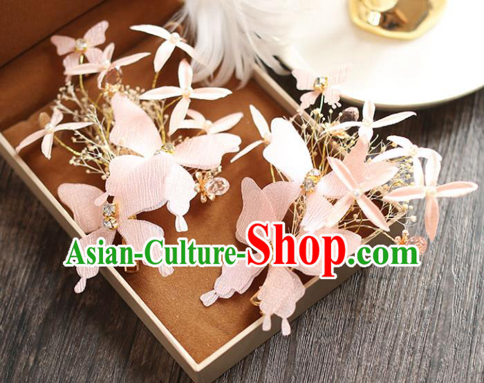 Chinese Traditional Bride Hair Jewelry Accessories Wedding Baroque Retro Pink Silk Butterfly Hair Stick for Women