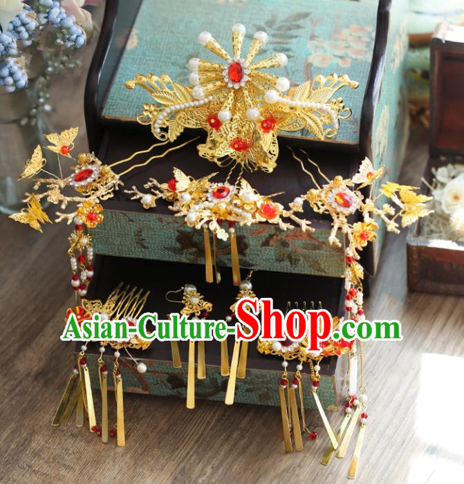 Chinese Traditional Bride Hair Accessories Palace Queen Xiuhe Suit Golden Phoenix Coronet Wedding Hairpins for Women