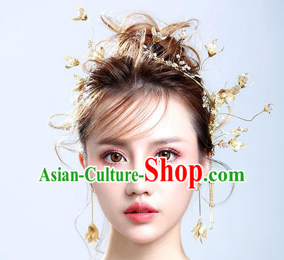 Chinese Traditional Bride Hair Jewelry Accessories Wedding Golden Flowers Hair Clasp and Earrings for Women