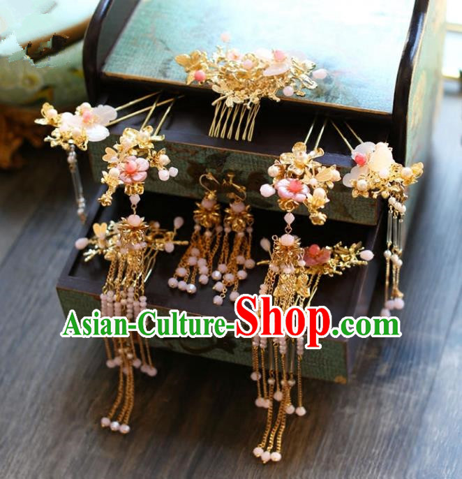 Chinese Traditional Bride Hair Accessories Headwear Xiuhe Suit Palace Pink Flowers Step Shake Wedding Hairpins for Women
