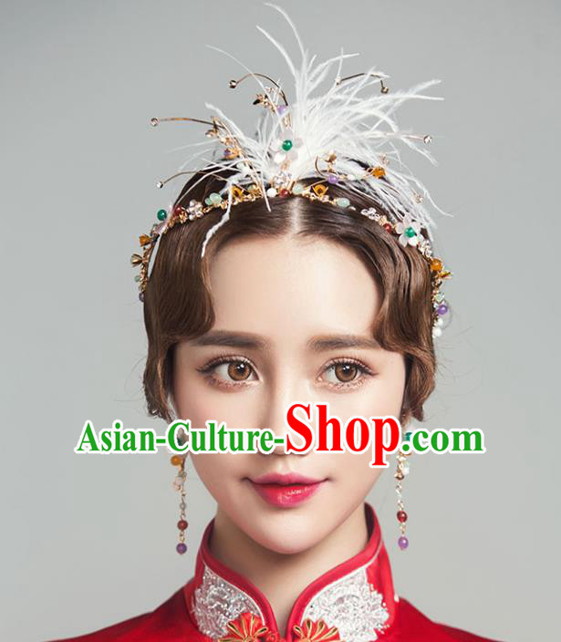 Chinese Traditional Bride Hair Accessories Xiuhe Suit Feather Hair Clasp Wedding Tassel Hairpins Complete Set for Women