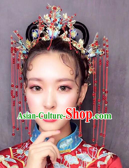 Chinese Traditional Bride Hair Accessories Xiuhe Suit Blueing Butterfly Phoenix Coronet Wedding Tassel Hairpins Complete Set for Women