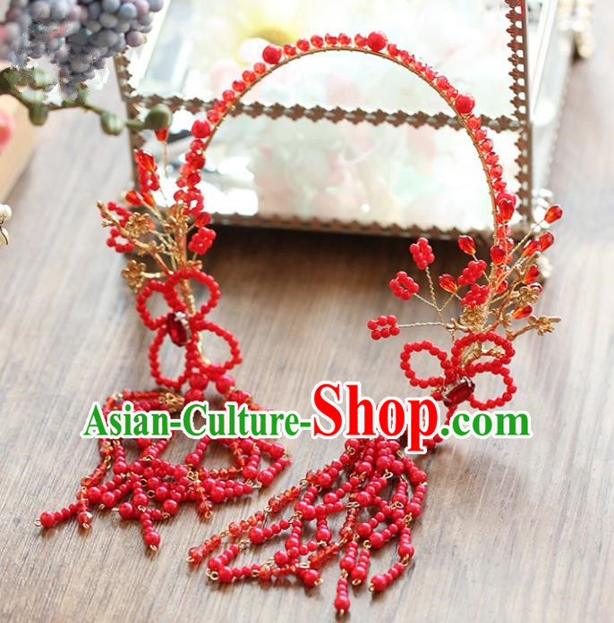 Chinese Traditional Bride Hair Accessories Baroque Wedding Red Beads Tassel Hair Clasp for Women