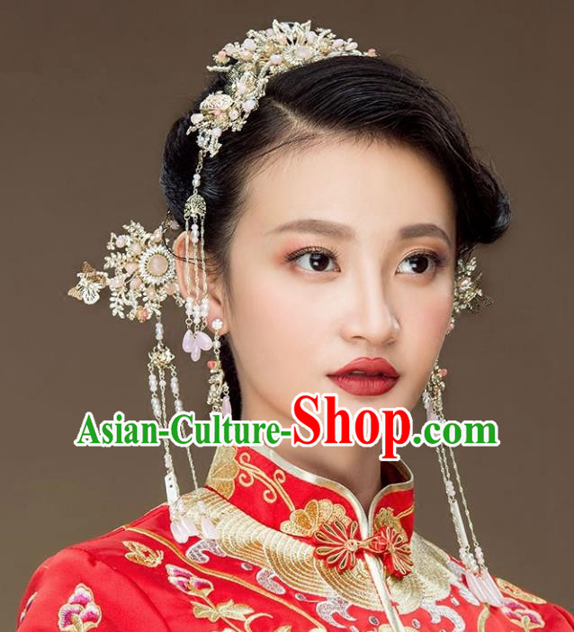 Chinese Traditional Bride Hair Accessories Xiuhe Suit Pink Beads Hair Comb Wedding Hairpins Complete Set for Women
