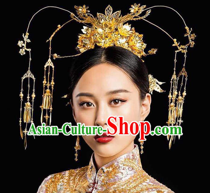 Chinese Traditional Bride Hair Accessories Xiuhe Suit Wedding Golden Phoenix Coronet Tassel Hairpins Complete Set for Women