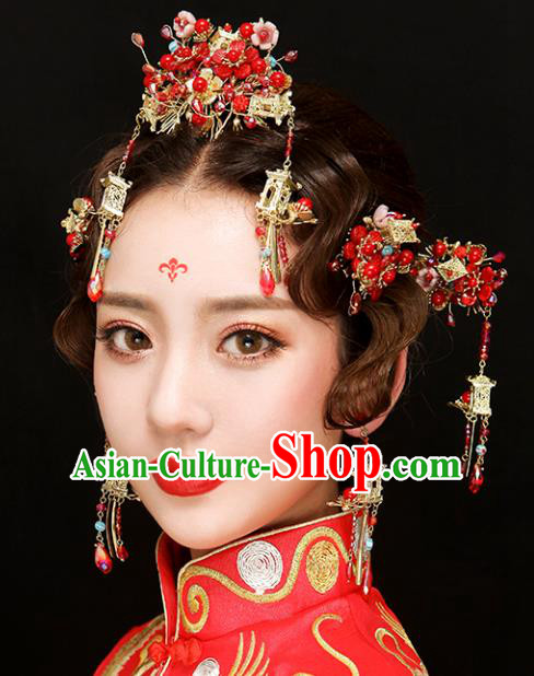 Chinese Traditional Bride Hair Accessories Xiuhe Suit Wedding Red Hair Comb Tassel Hairpins Complete Set for Women