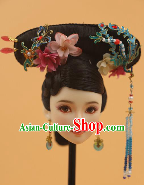 Chinese Traditional Silk Figurine Doll Hair Accessories Hairpins Qing Dynasty Manchu Princess Headwear