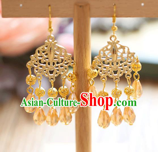 Chinese Traditional Bride Jewelry Accessories Golden Tassel Earrings Wedding Eardrop for Women