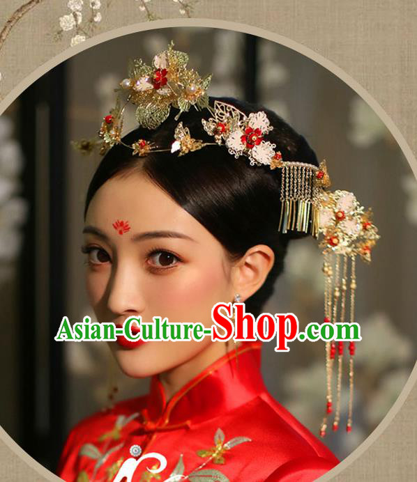 Chinese Traditional Bride Hair Accessories Xiuhe Suit Tassel Phoenix Coronet Wedding Hairpins for Women