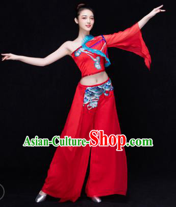 Traditional Chinese Classical Dance Fan Dance Costume, China Yangko Dance Red Single Sleeve Clothing for Women