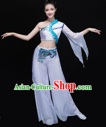 Traditional Chinese Classical Dance Fan Dance Costume, China Yangko Dance White Single Sleeve Clothing for Women