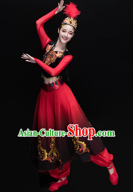 Traditional Chinese Uyghur Nationality Dance Costume, Chinese Uigurian Minority Dance Red Clothing for Women