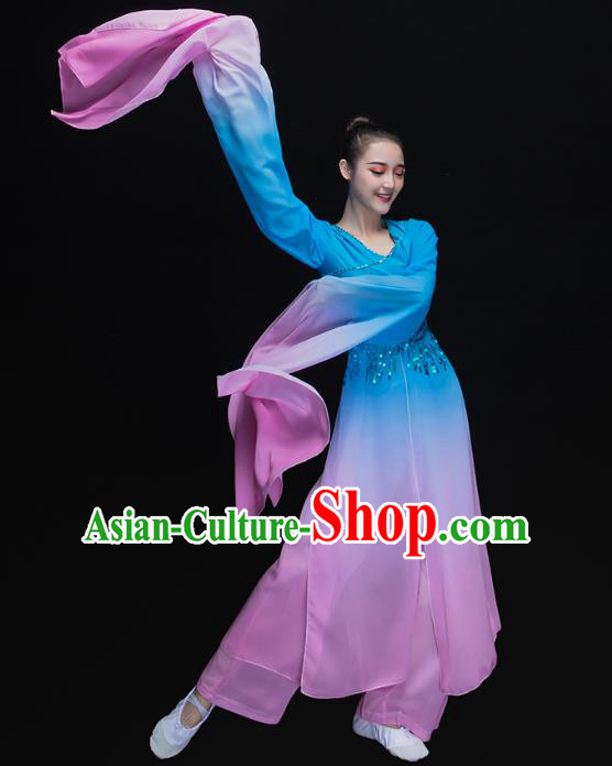 Traditional Chinese Classical Dance Fan Dance Blue Costume, China Yangko Dance Water Sleeve Clothing for Women