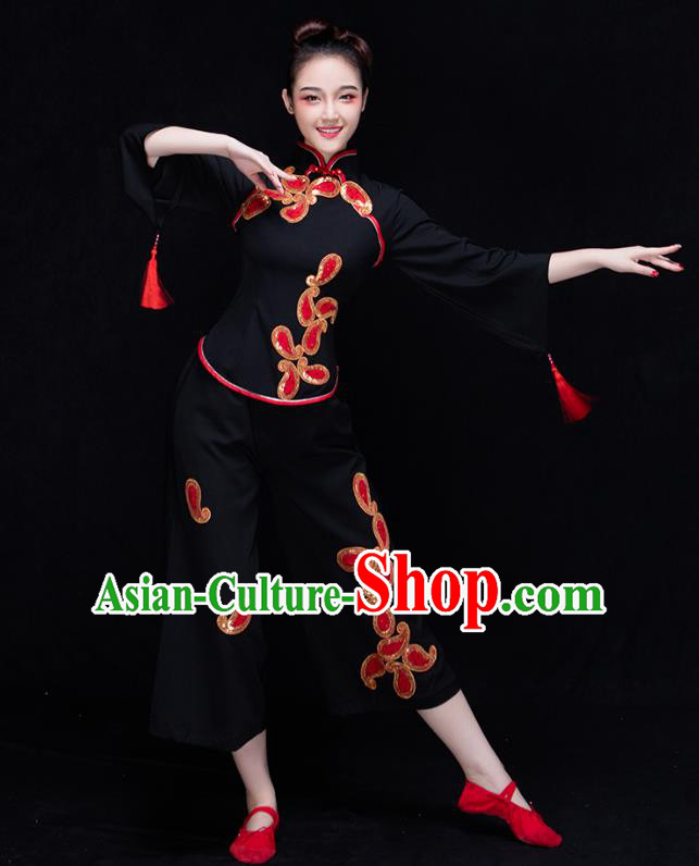 Traditional Chinese Classical Yangge Dance Black Uniforms Embroidered Costume, China Yangko Dance Dress Clothing for Women