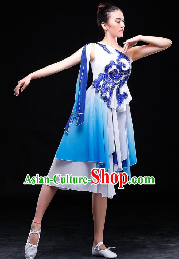 Traditional Chinese Classical Umbrella Dance Blue Costume, China Yangko Dance Clothing for Women