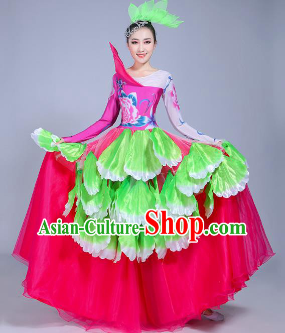 Traditional Chinese Modern Dance Opening Dance Flowers Dress Clothing, China Folk Dance Lotus Dance Costume for Women