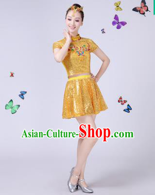 Traditional Chinese Modern Dance Opening Dance Jazz Dance Yellow Paillette Clothing Folk Dance Chorus Costume for Women