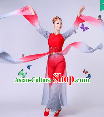 Traditional Chinese Classical Umbrella Dance Water Sleeve Costume, China Yangko Folk Fan Dance Red Clothing for Women
