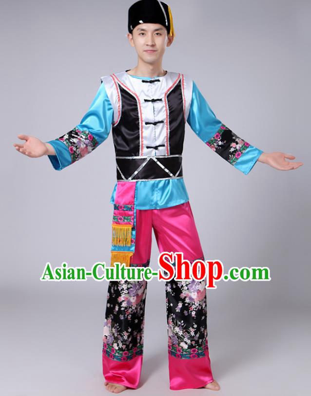 Traditional Chinese Yi Nationality Dance Costume, Hmong Folk Dance Minority Embroidery Clothing for Men