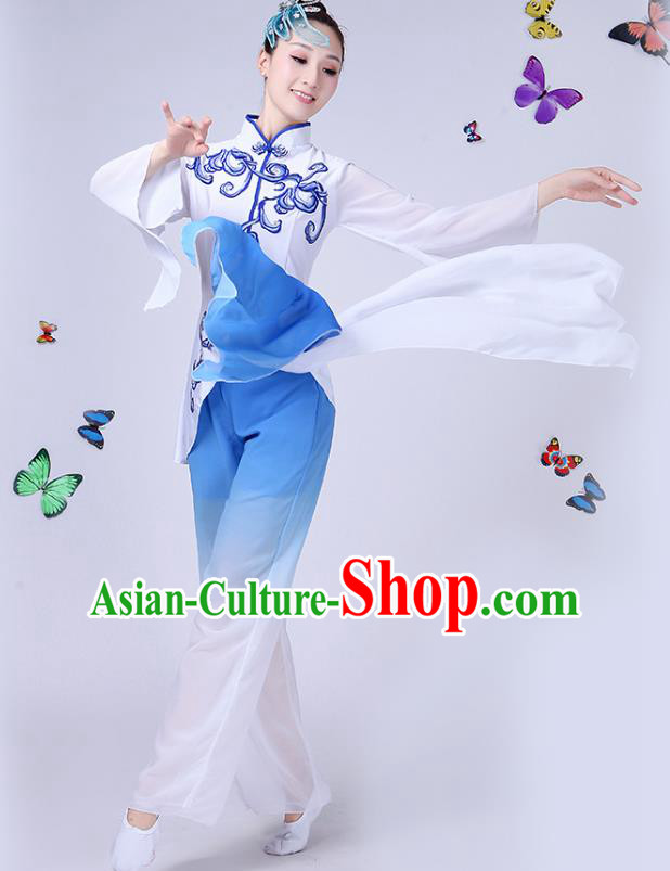 Traditional Chinese Classical Umbrella Dance White Costume, China Yangko Folk Fan Dance Clothing for Women