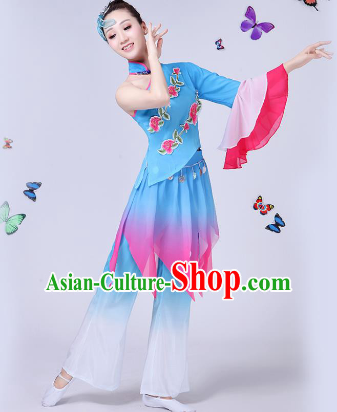 Traditional Chinese Classical Umbrella Dance Embroidered Blue Costume, China Yangko Folk Fan Dance Clothing for Women