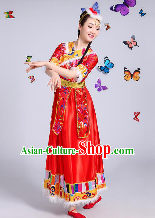 Traditional Chinese Mongol Nationality Dance Costume, Mongols Folk Dance Ethnic Minority Embroidery Red Dress Clothing for Women