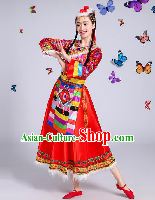 Chinese Traditional Mongol Nationality Dance Costume, Mongols Folk Dance Ethnic Minority Embroidery Red Dress Clothing for Women