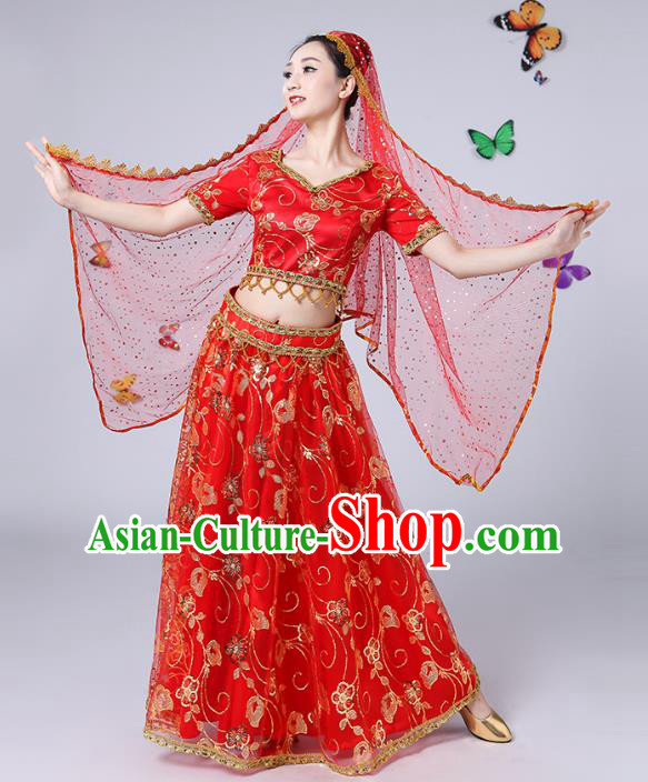 Traditional Chinese Uyghur Nationality Dance Costume, Chinese Uigurian Minority Nationality Dance Red Clothing for Women