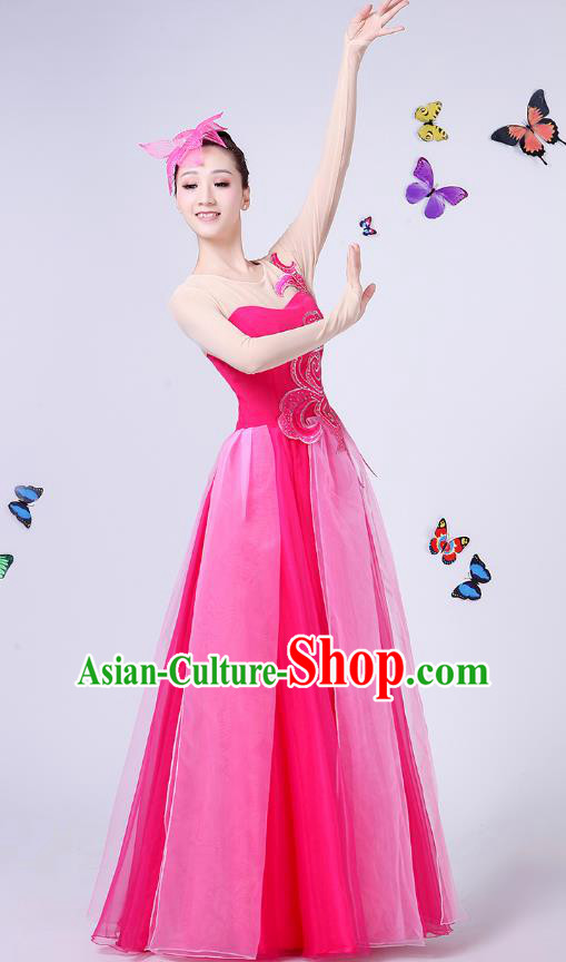 Traditional Chinese Modern Dance Opening Dance Clothing Chorus Folk Umbrella Dance Rosy Dress for Women