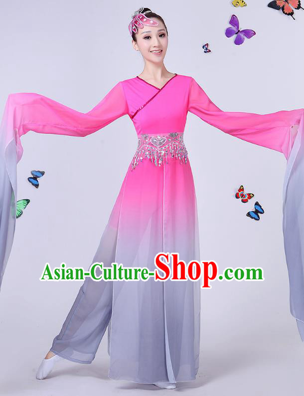 Traditional Chinese Classical Umbrella Dance Water Sleeve Pink Costume, China Yangko Folk Fan Dance Clothing for Women