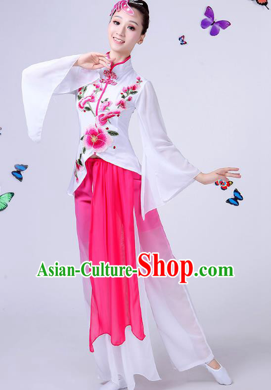 Traditional Chinese Classical Umbrella Dance Embroidered Peony White Costume, China Yangko Folk Fan Dance Clothing for Women