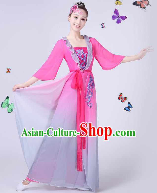 Traditional Chinese Classical Fan Dance Embroidered Peony Pink Costume, China Yangko Folk Umbrella Dance Clothing for Women