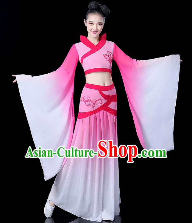 Traditional Chinese Classical Dance Embroidered Costume, China Yangko Fairy Folk Dance Pink Clothing for Women