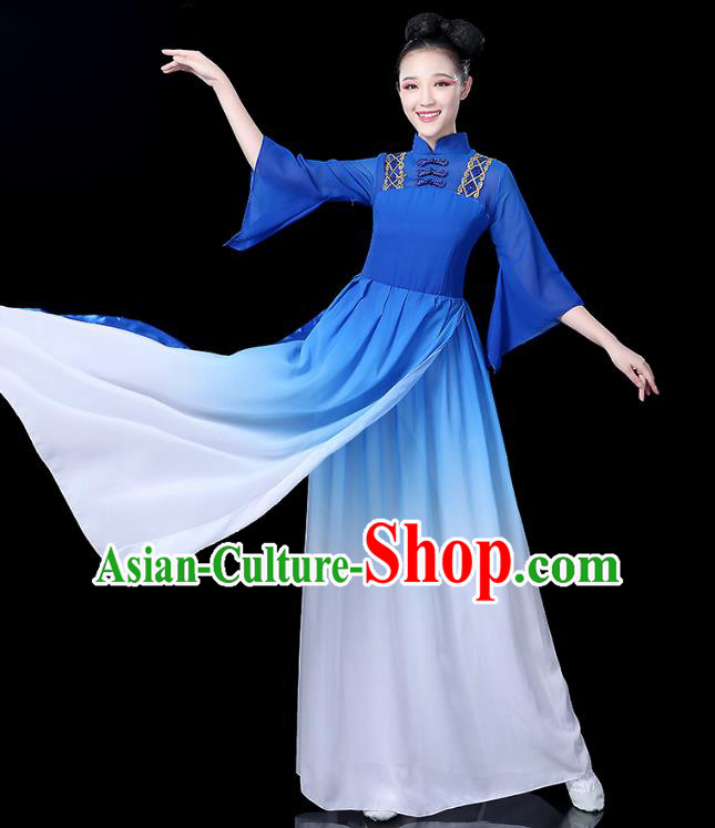 Traditional Chinese Classical Dance Costume Blue Dress, China Yangko Folk Umbrella Dance Clothing for Women