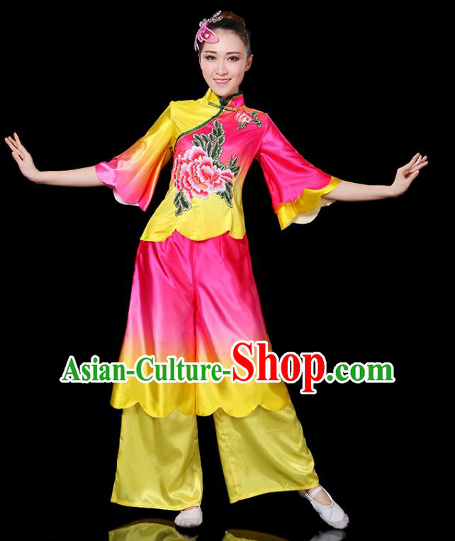 Traditional Chinese Yangge Fan Classical Dance Printing Peony Uniform, China Folk Yangko Drum Dance Clothing for Women