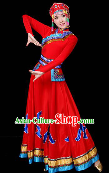 Traditional Chinese Mongol Nationality Dance Red Dress, Chinese Mongolian Minority Folk Dance Embroidery Clothing for Women