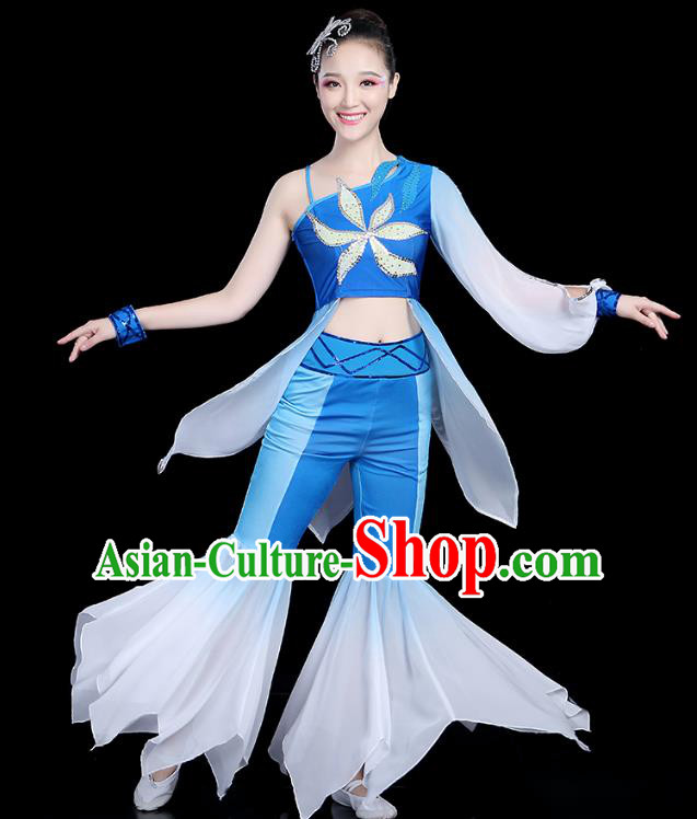 Traditional Chinese Classical Dance Blue Uniform Fan Dance Costume, China Yangko Folk Umbrella Dance Clothing for Women
