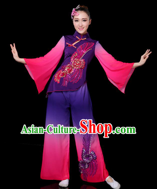 Traditional Chinese Yangge Fan Dance Embroidered Purple Uniform, China Classical Folk Yangko Drum Dance Clothing for Women
