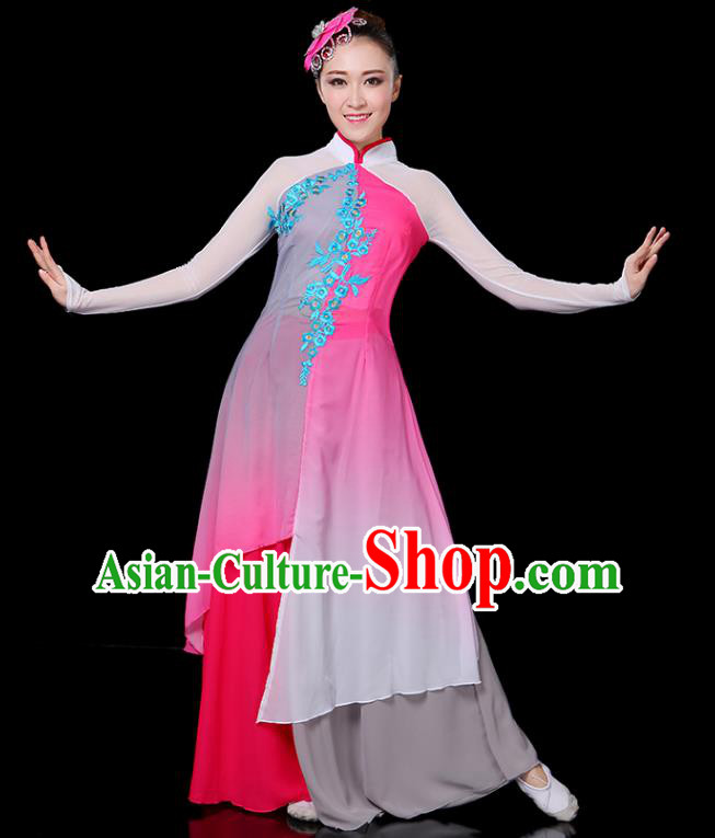Traditional Chinese Yangge Fan Dance Embroidered Pink Uniform, China Classical Folk Yangko Umbrella Dance Clothing for Women