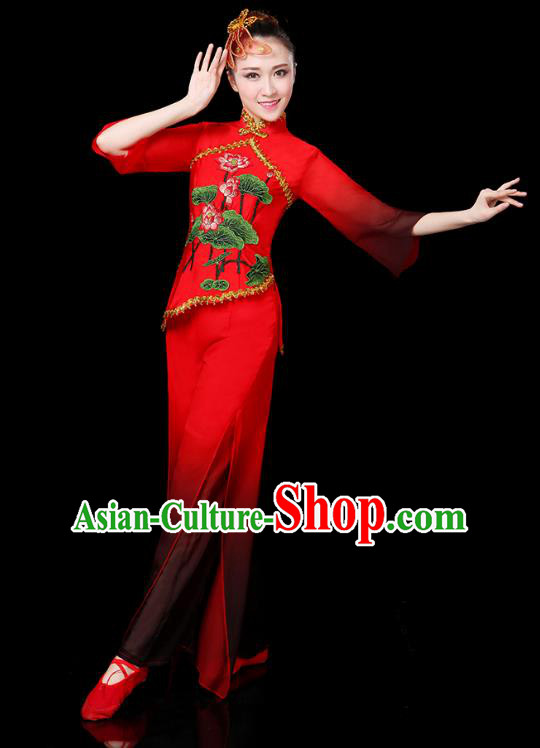 Traditional Chinese Yangge Fan Dance Embroidered Lotus Red Uniform, China Classical Folk Yangko Drum Dance Clothing for Women