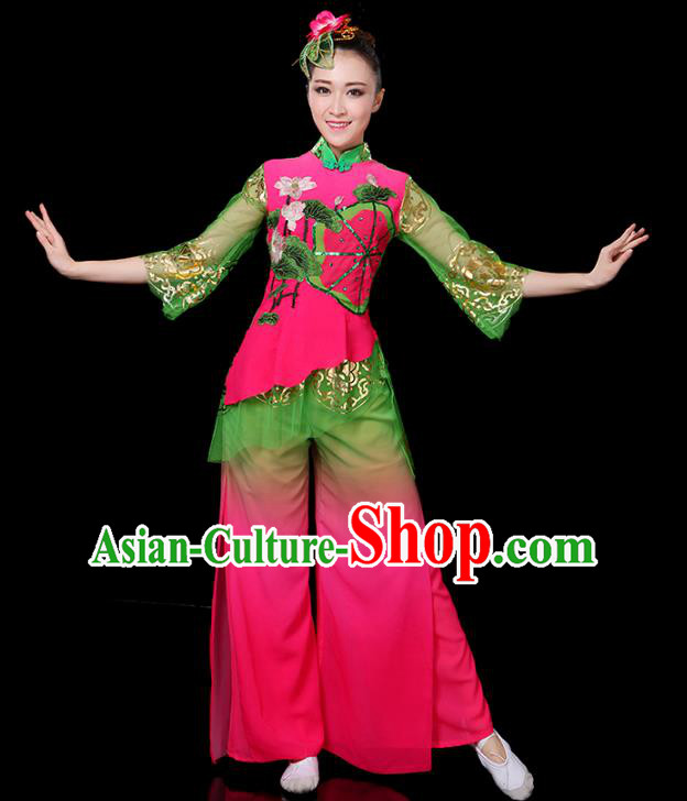 Traditional Chinese Yangge Fan Dance Embroidered Lotus Uniform, China Classical Folk Yangko Drum Dance Clothing for Women