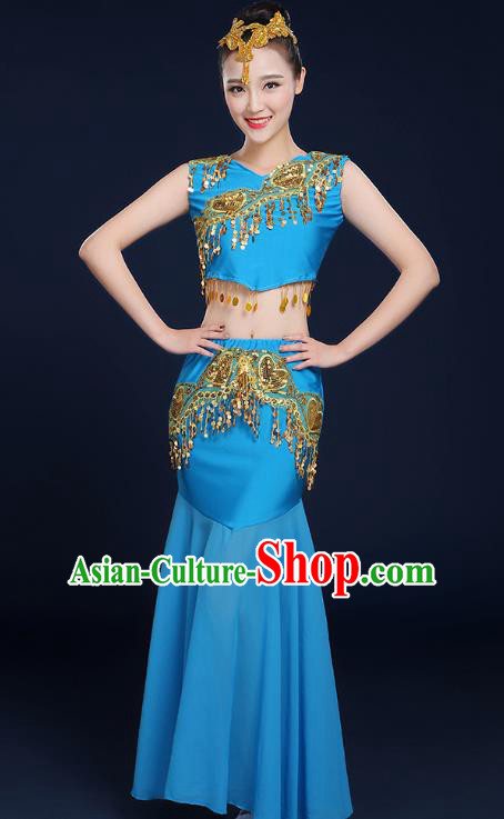 Traditional Chinese Dai Nationality Peacock Dance Costume, China Folk Dance Pavane Blue Dress for Women