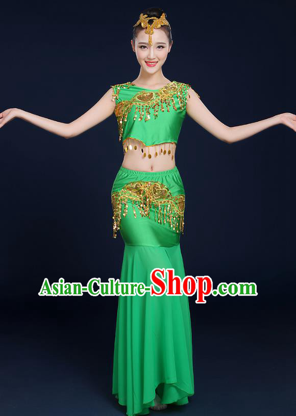Traditional Chinese Dai Nationality Peacock Dance Costume, China Folk Dance Pavane Green Dress for Women