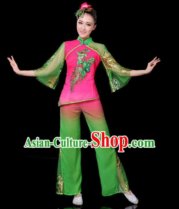 Traditional Chinese Yangge Fan Classical Dance Green Uniform, China Folk Yangko Drum Dance Clothing for Women