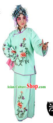 Chinese Beijing Opera Actress Embroidered Peony Costume, China Peking Opera Servant Girl Embroidery Green Clothing
