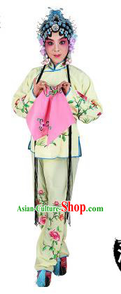 Chinese Beijing Opera Actress Embroidered Peony Costume, China Peking Opera Servant Girl Embroidery Light Yellow Clothing