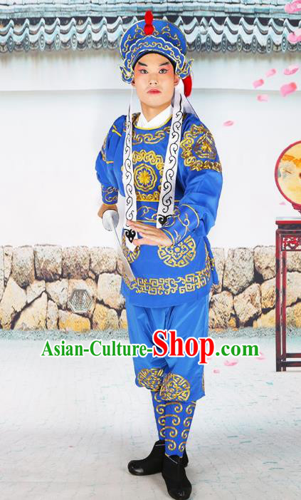 Chinese Beijing Opera Takefu Embroidered Blue Costume, China Peking Opera Soldier Embroidery Clothing